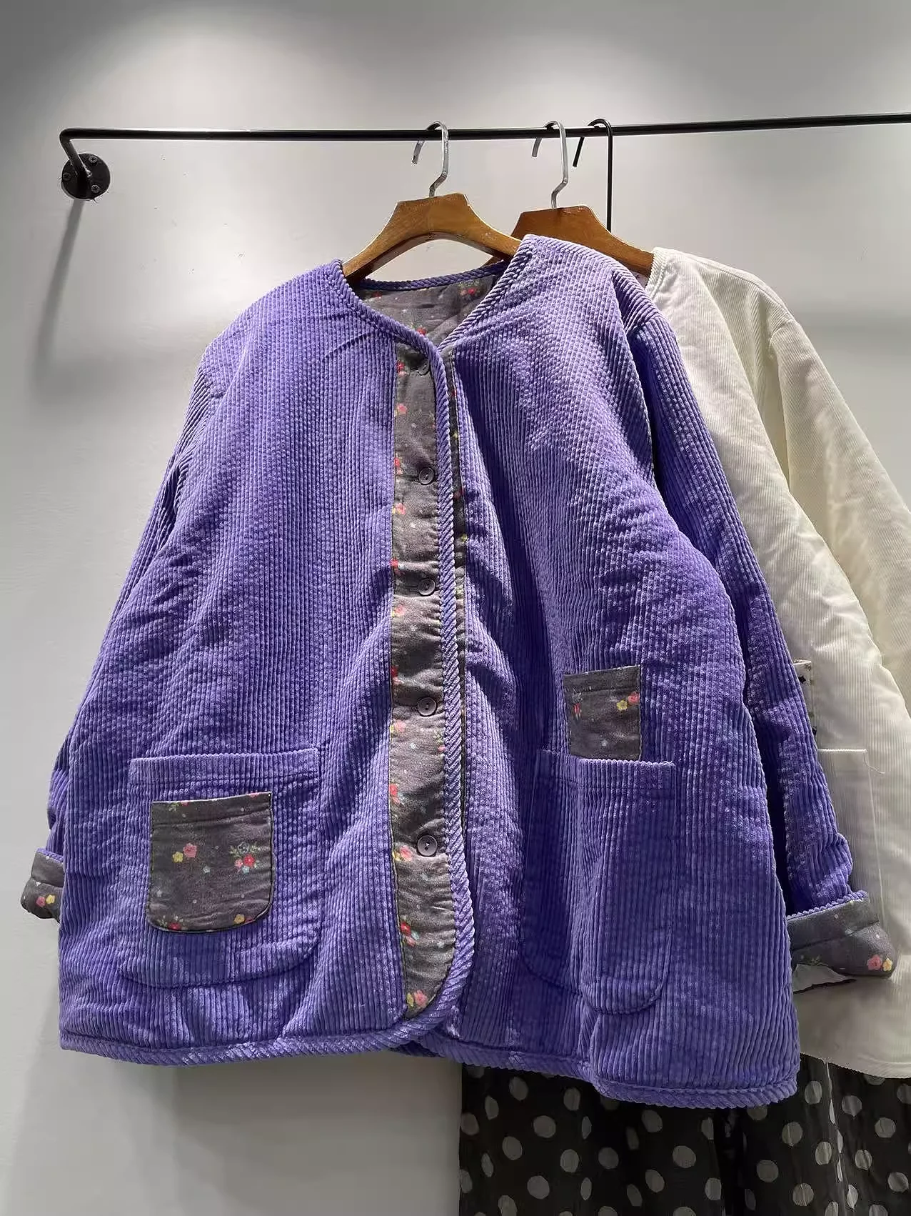

2026 Women Japanese style Winter Purple White Corduroy Coat Casual Loose Vintage Cotton Padded Corduroy Jacket Outwears