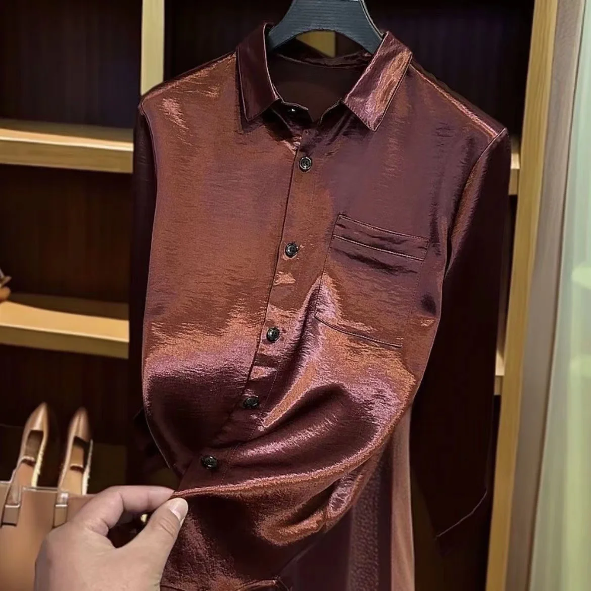 

2026 New Acetate Fabric Long Sve Men's irt Luxury Trendy ket Casual Sle Polyester Blend Breathable Comfortable Spri...