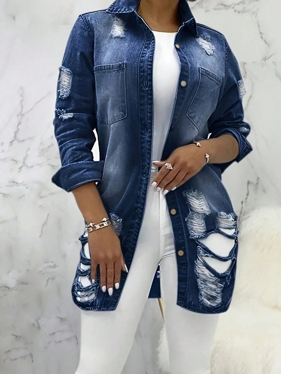 

Women's Distressed Denim Overshirt Jacket with Button Front and Ripped Details