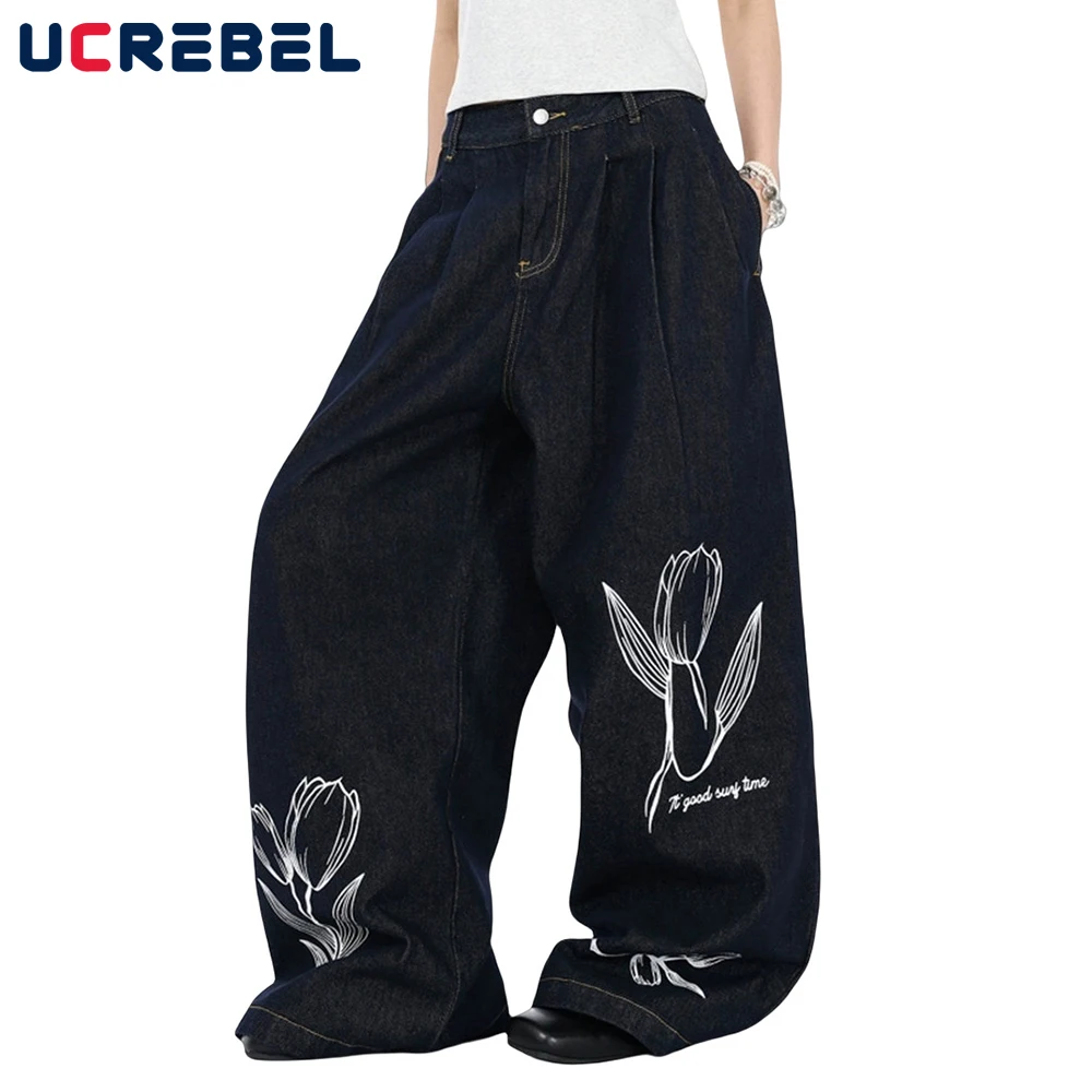 

Flower Print Wide Leg Jeans Mens Top Stitch Pleated Retro High Street Loose Dark Denim Pants Men
