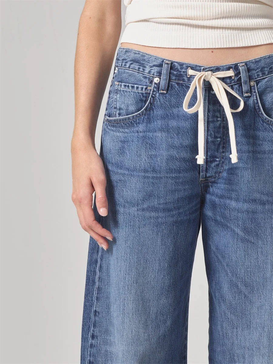 Dames lente zomer denim broek effen kleur wijde pijpen broek met trekkoord en zakken