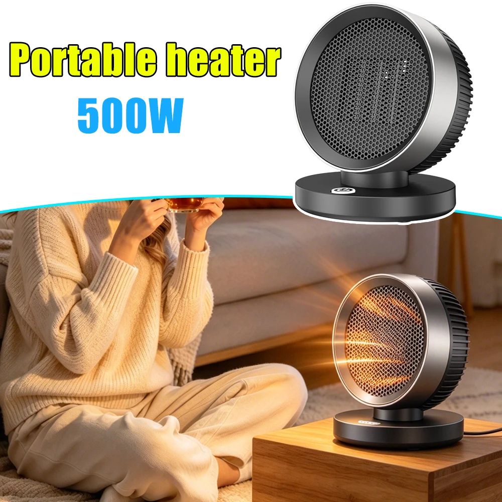 PTC Heating Fan Heater Home Office Electric Warmer Portable Desktop Heater 500W Fast Heating Tip Over Protection Low Noise