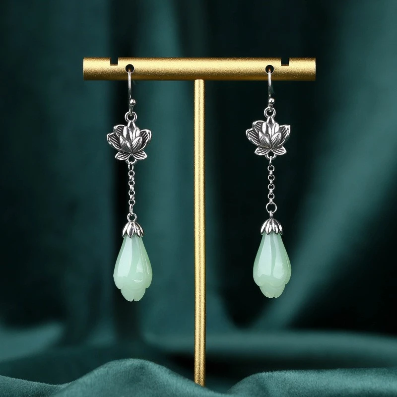 YILUOCD oryginalny Retro Jade kamień kwiat spadek kolczyki dla kobiet Boho lotos srebrne kolczyki Bohemia biżuteria na prezent