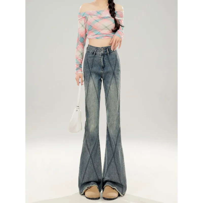 

Женские серые расклешенные джинсы с высокой талией и ромбовидной строчкой, потертые подол, джинсовые повседневные уличные брюки