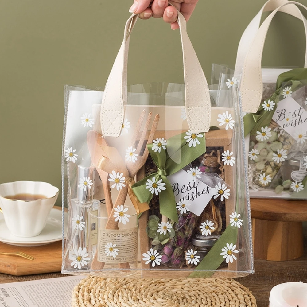 Clear Pvc Tote Bag For Women Waterproof  Transparent Shopping Bag With Little Daisy Pattern Wedding Gift Bag Candy Packaging Bag