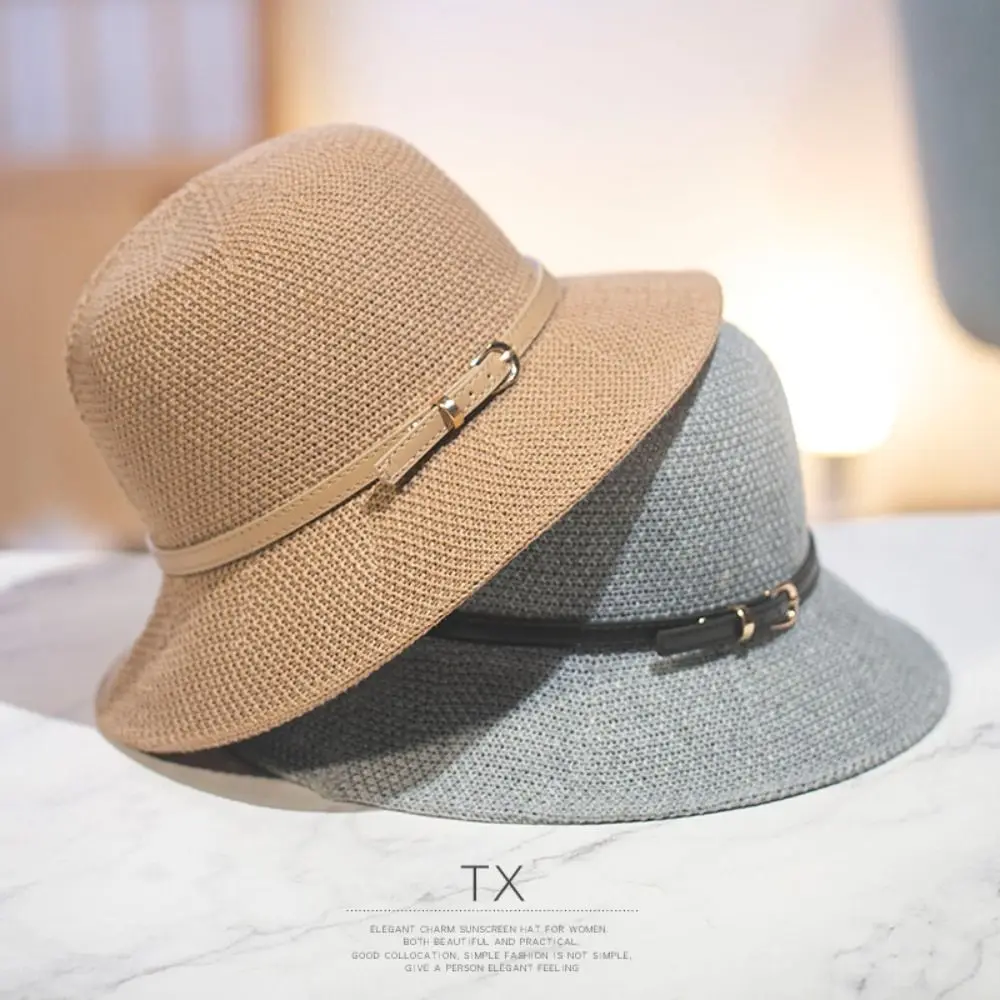 Floppy Wide Brim Sun Hat Summer Sun Protection Casual Caps Leather Buckle Fisherman Hats Women Outdoor Holiday Beach Straw Cap