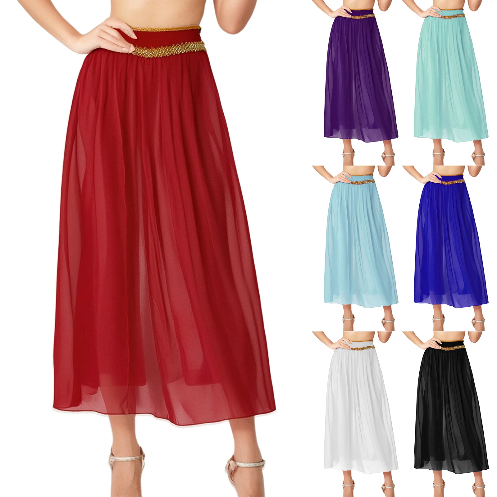 تنورة رقص باليه غنائية للنساء تنورة شيفون شبكية شفافة للأميرة العربية الهندية تنورة أداء الرقص الشرقي