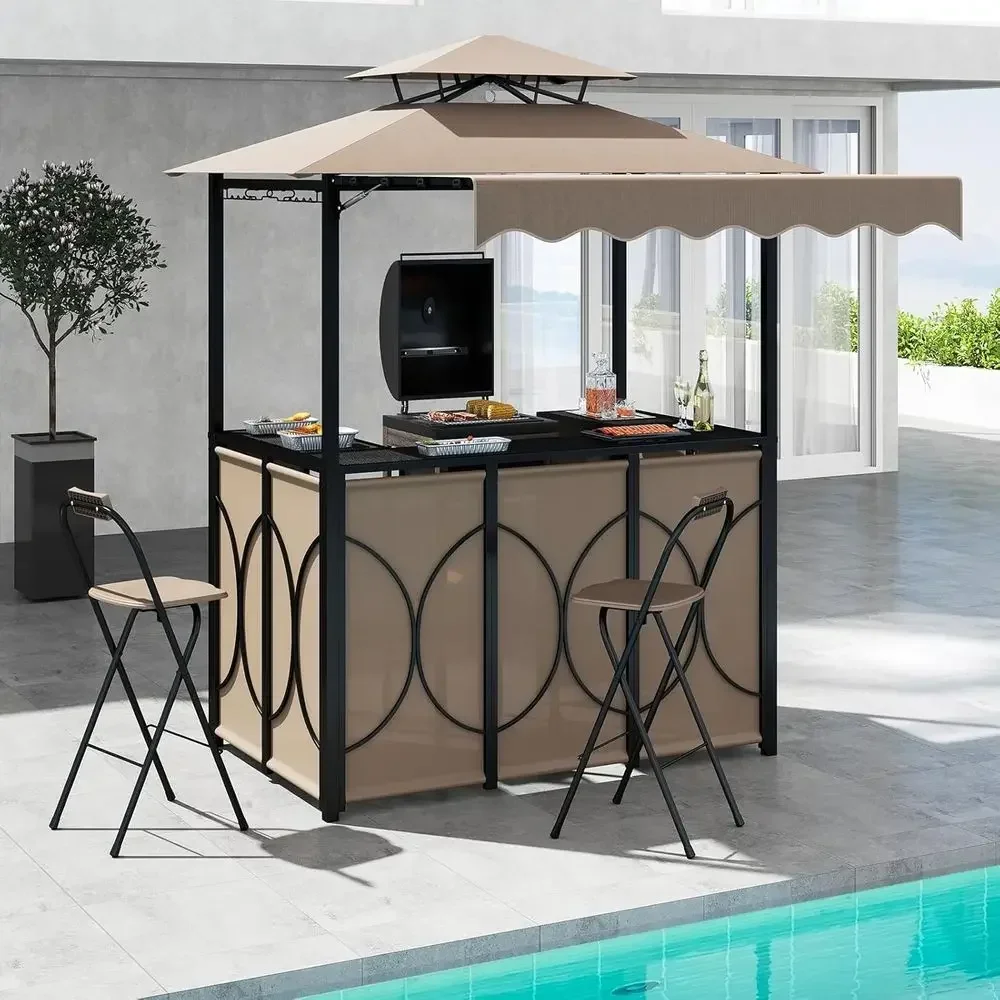 3-Piece Patio Bar Set with Grill Gazebo, Folding Stools, Awning, and Storage Shelves for Outdoor Garden Oasis