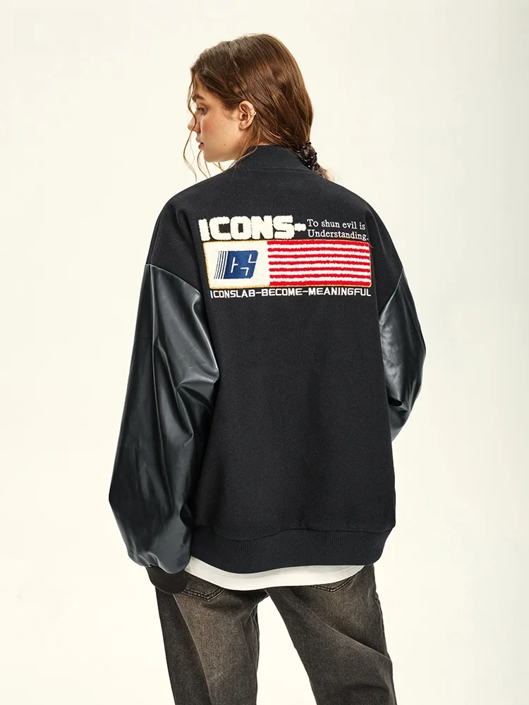 

Iconslab Men's Loose Fit Long Sve Tennis Cardigan Towel Embroidery Patchwork Jaet Baseball Collar Winter Outerwear