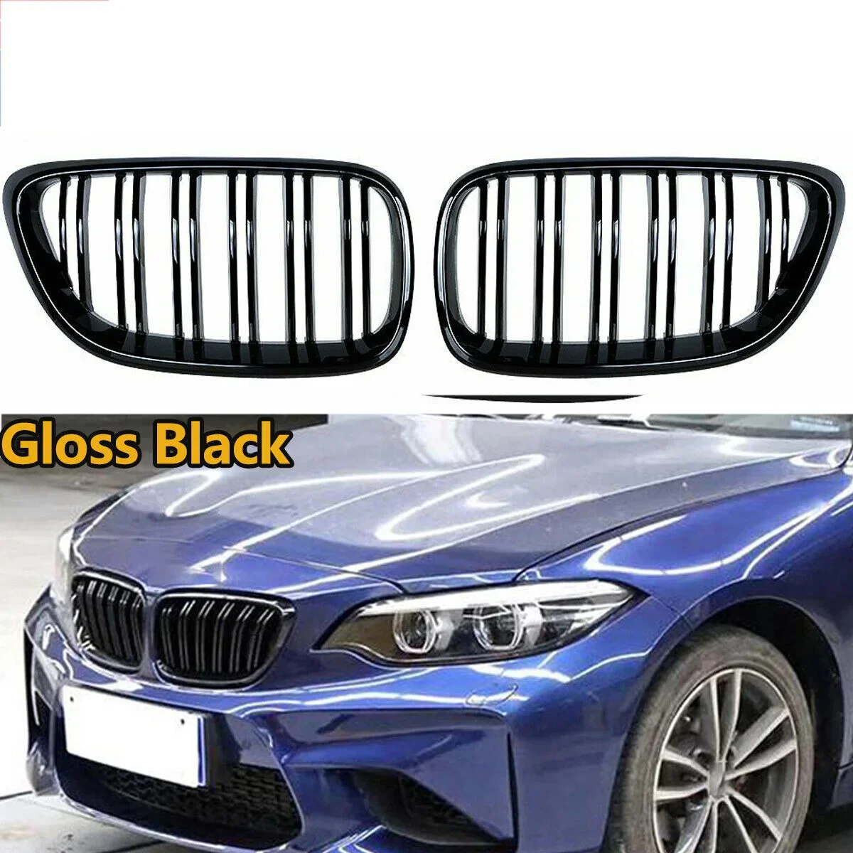 Matte Black Dual Slat Kidney Glossy Black Front Bumper Grille For BMW 2014-2018 F22 F23 F87 M2 220i 230i M240i