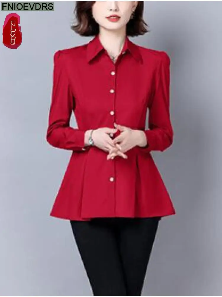 3 Colors S-5XL 2023 Women European Style Solid Belly Black Tunic Peplum Top Blouses Elegant Office Lady Work Button Basic Shirt