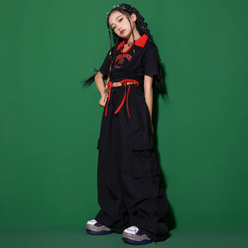 طفل الهيب هوب الملابس السوداء Ruched الخامس الرقبة المحاصيل الأعلى تي شيرت الأحمر عادية المظلة البضائع السراويل لفتاة الجاز ملابس رقص الملابس #6