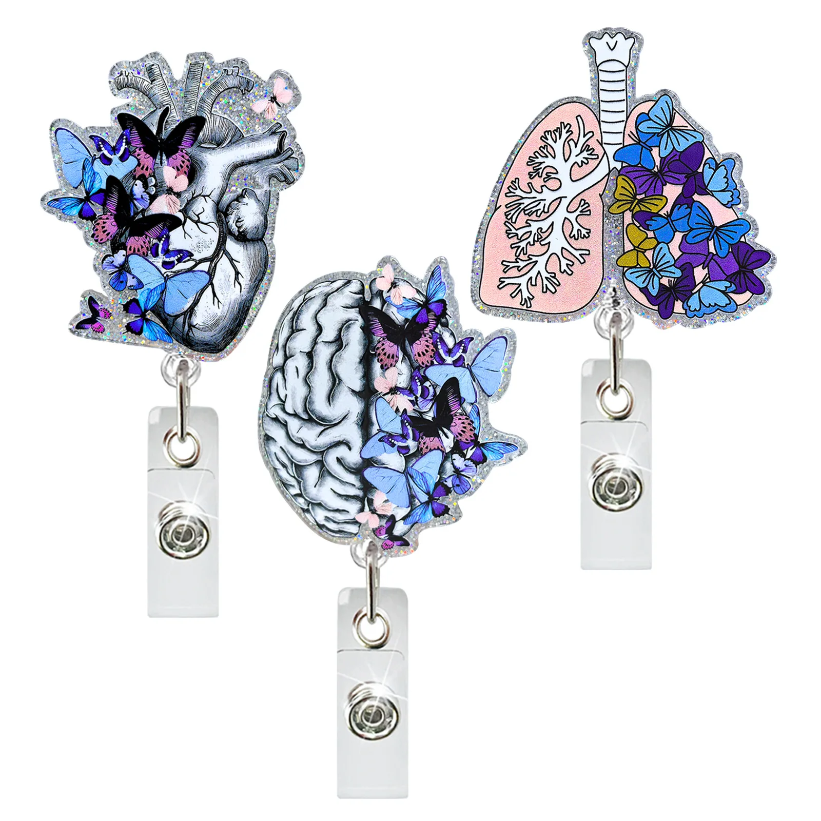 Acrylic Lung Heart Brain Blue Butterfly Medical Rotatable ID Badge Holder Retractable Badge Reel Gift for Doctor Nurse