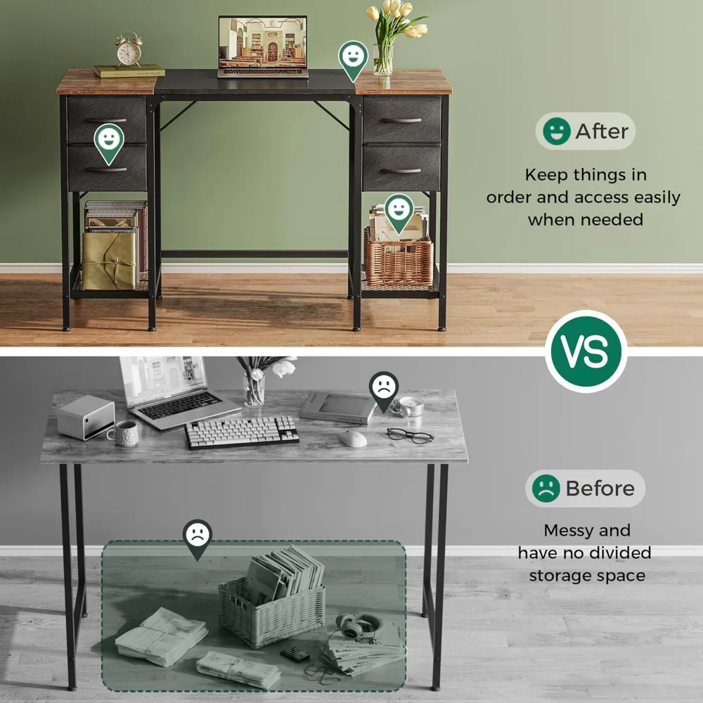 مكتب كمبيوتر مقاس 47 بوصة مع 4 أدراج قماشية، مكتب ألعاب كبير للتخزين للعمل في الدراسة المنزلية