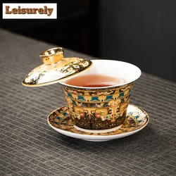 Chinese Thangka Gilded Gaiwan Boutique Enamel Color Hovering Lid Tea Tureen Tea Making Cover Bowl Chinese Tea Set Ornaments Gift
