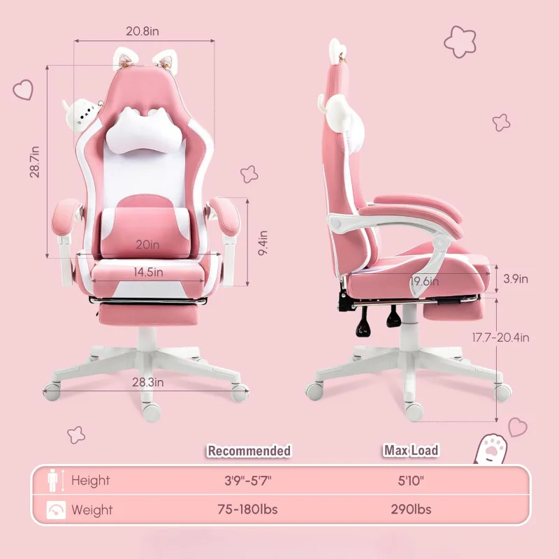 Ergonomic Computer Chair for Girl with Footrest and Headrest, Comfortable Reclining Game Chair 290lbs for Adult, Teen, Pink