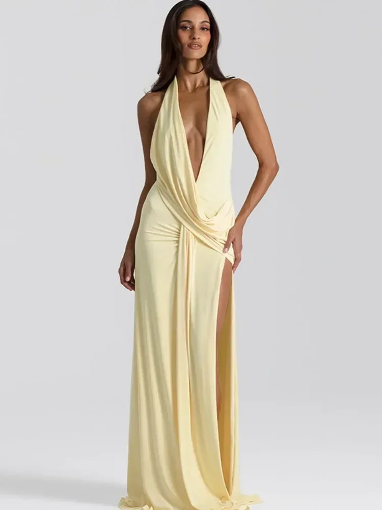 

Halter Deep V Neck Backless Sexy Maxi Dress Women Gown Fashion Irregular Sleeveless Thigh High Split Club Party Dresses