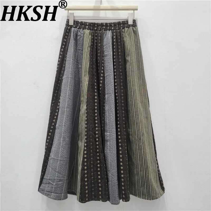 

HKSH Spring Autumn New Women's Skirt Striped Floral Patchwork Color Block Elastic Waisted Pleated A-line Chic Y2K Skirts HK14640