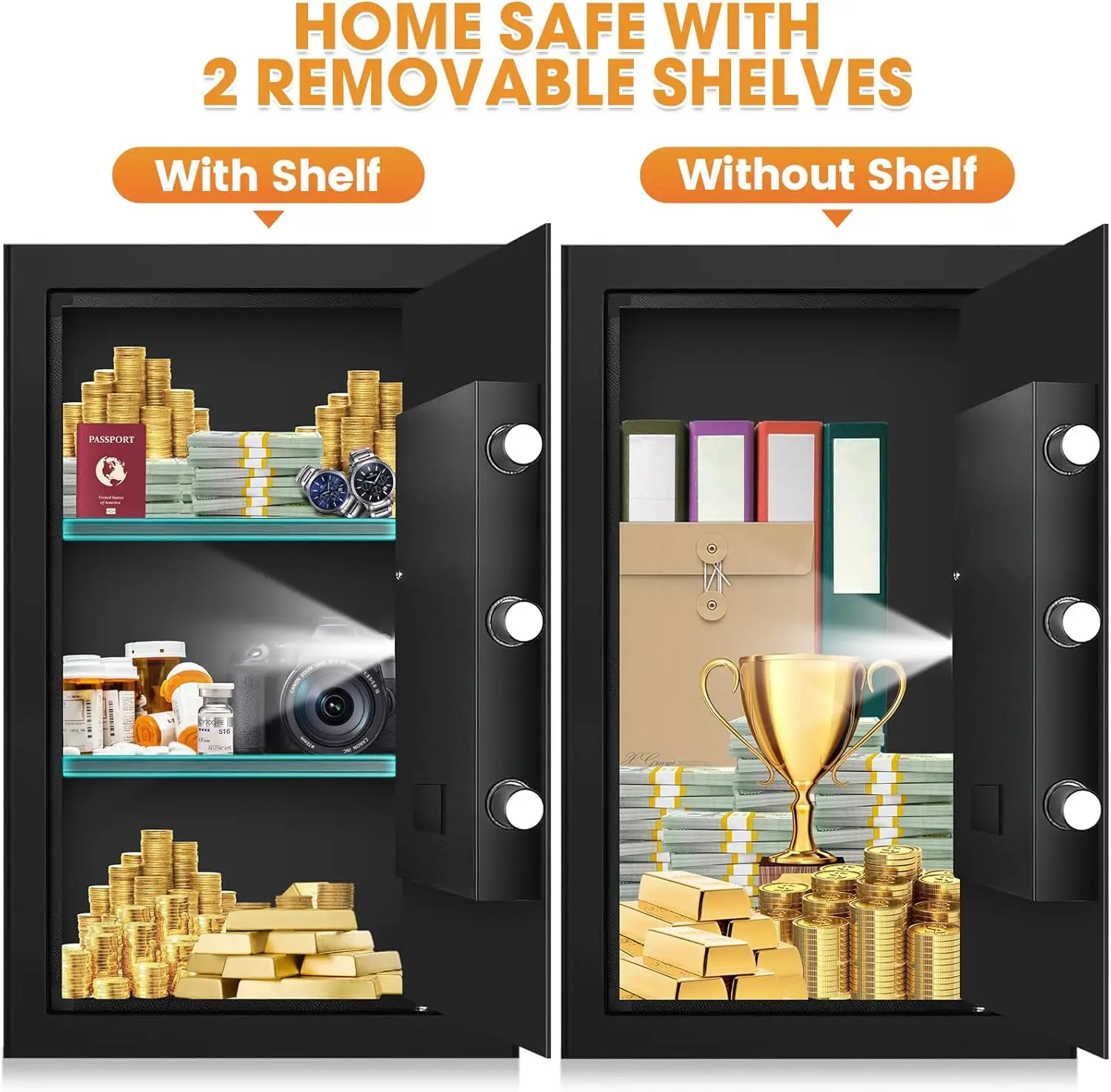 4.0 Cu ft Large Safes for Home Use Fire and Water Proof, Digital Security Fireproof Safe with Combination and Key, 2 Removable S