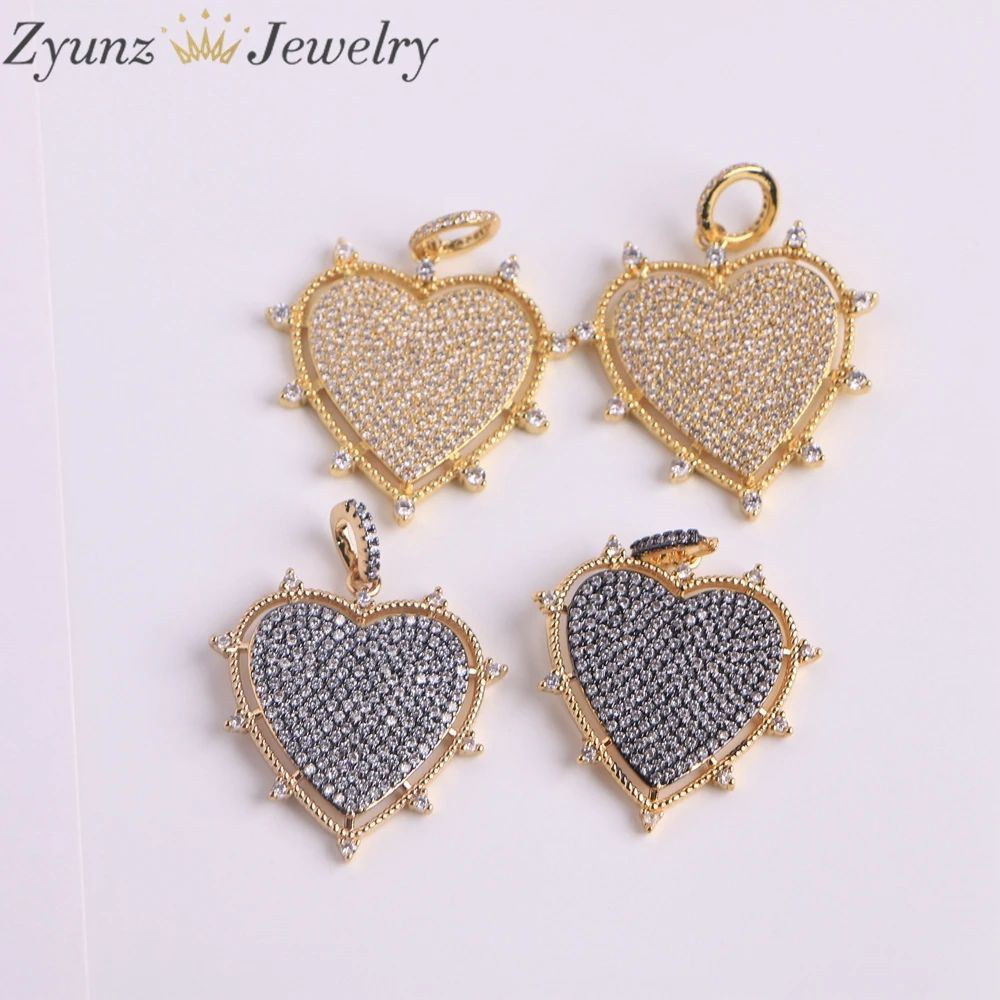 10PCS, Luxury Gold Silver Color Plated Metal Cubic Zirconia Heart Charms Heart Pendants Love Charms