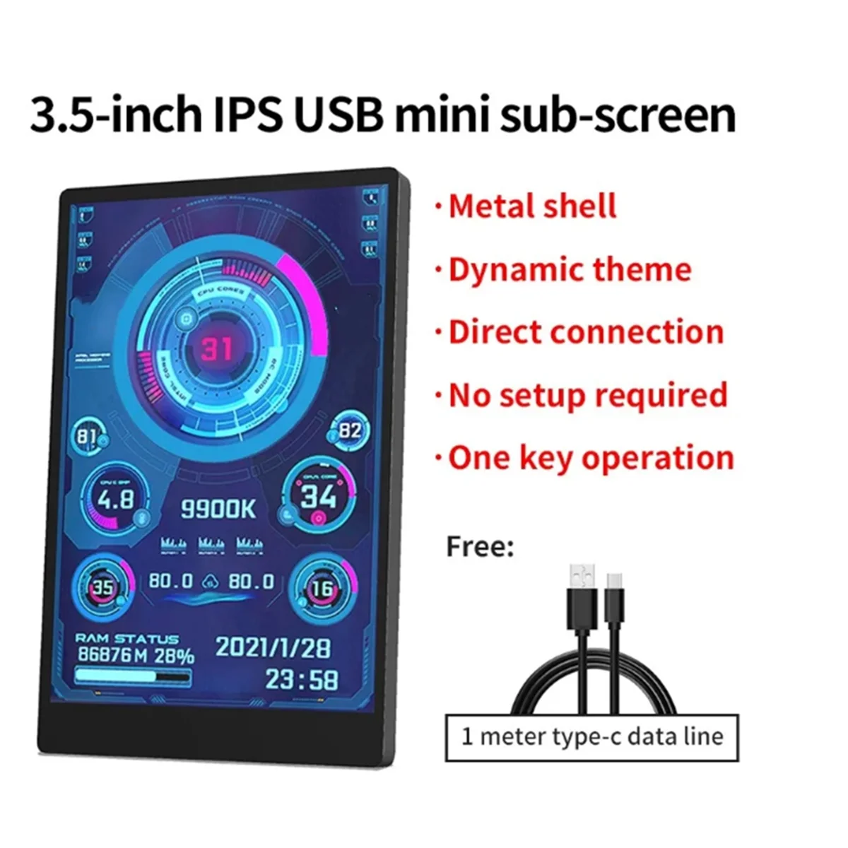 AB51 3.5 Inci IPS Tipe-c Layar Sekunder Komputer Mini Layar Sekunder CPU GPU RAM HDD Monitor USB Tampilan Bebas AIDA64