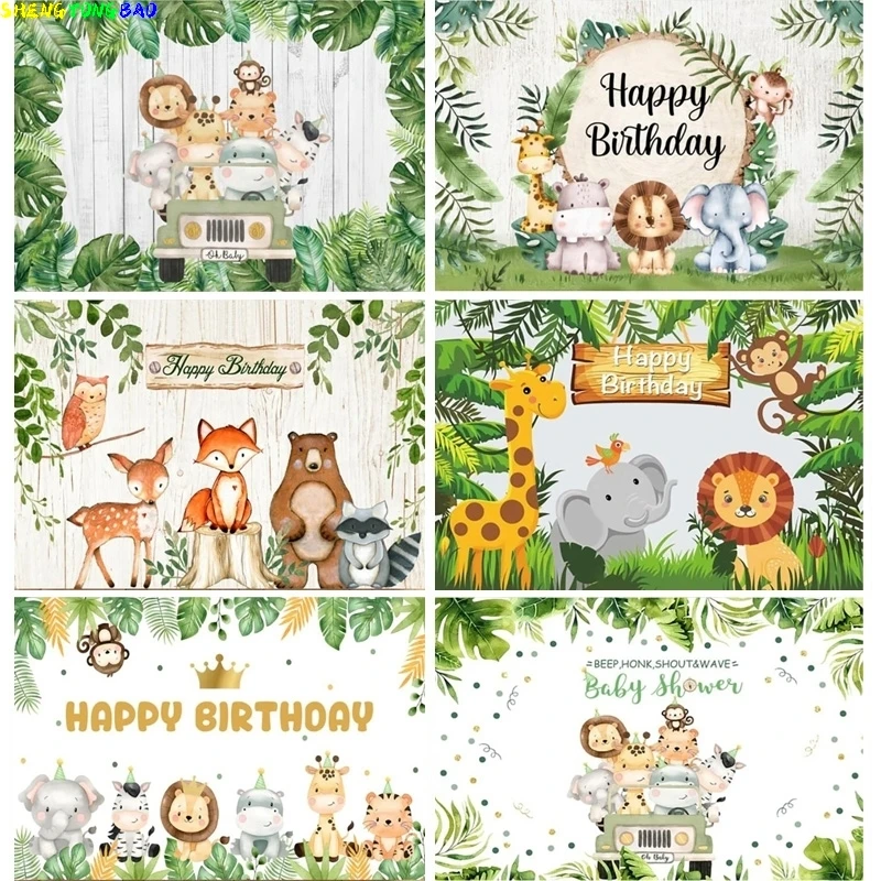 Feuilles vertes Maison de la Forêt Amis SLaura rel Girafe Renard Photographie Toile de Fond Prop Nouveau-Né Bébé ixD'anniversaire Fond XY-02