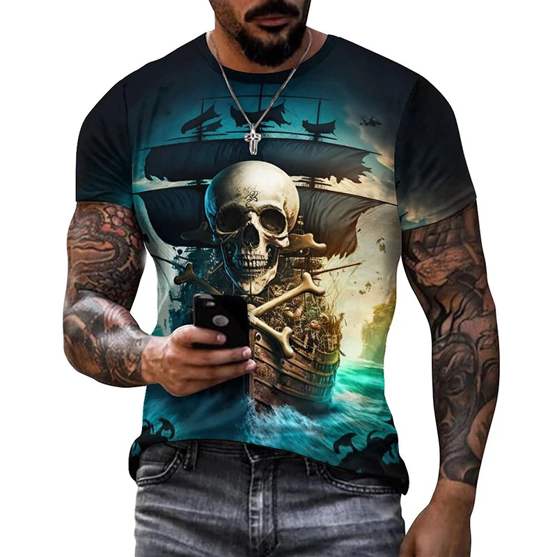 Summer Mens T Shirts Casual Loose T-shirt Sail Boat Pirate Ship 3D Printed O Neck Short Sleeve T Shirt Homme Oversized Quality