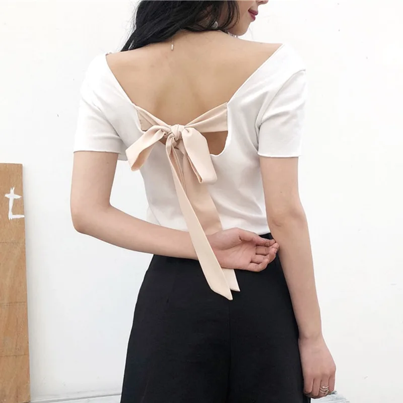 Women Short Sleeve O-Neck Back Bow Solid T-Shirt Slim Summer Low Back Tee Short sleeve T-shirt Woman clothing White top women