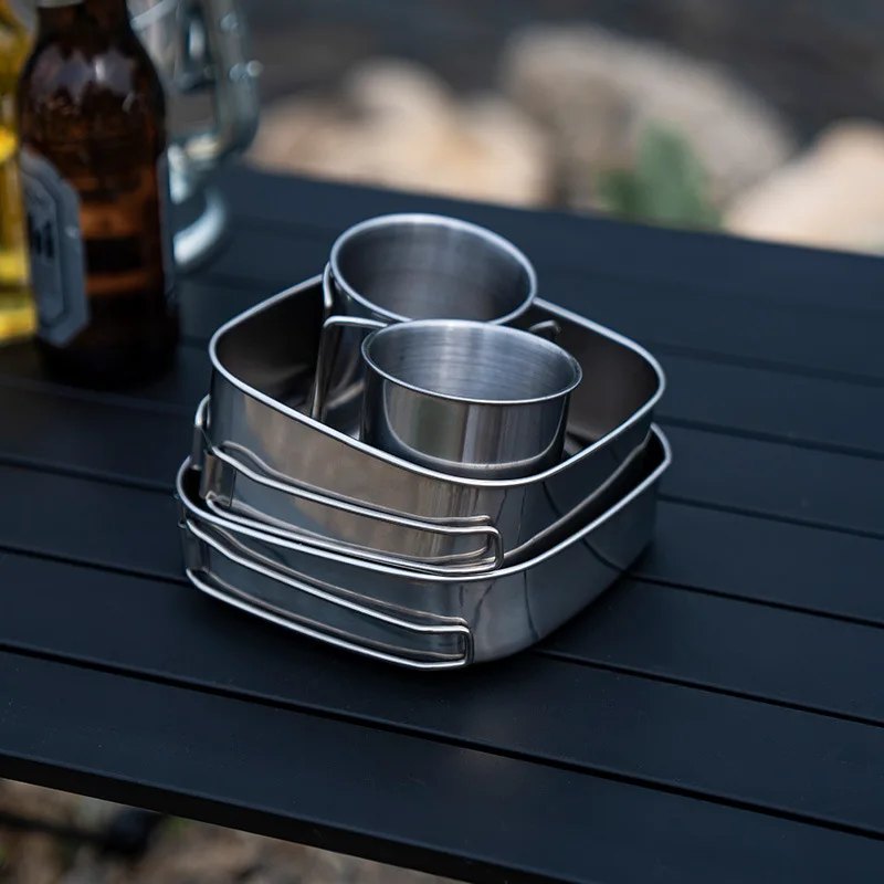 

Outdoor Stainless Steel Dinner Plate Bowl 6 Pcs Set Camping Portable Tableware Set Camping BBQ Plate Ultralight Lunch Box