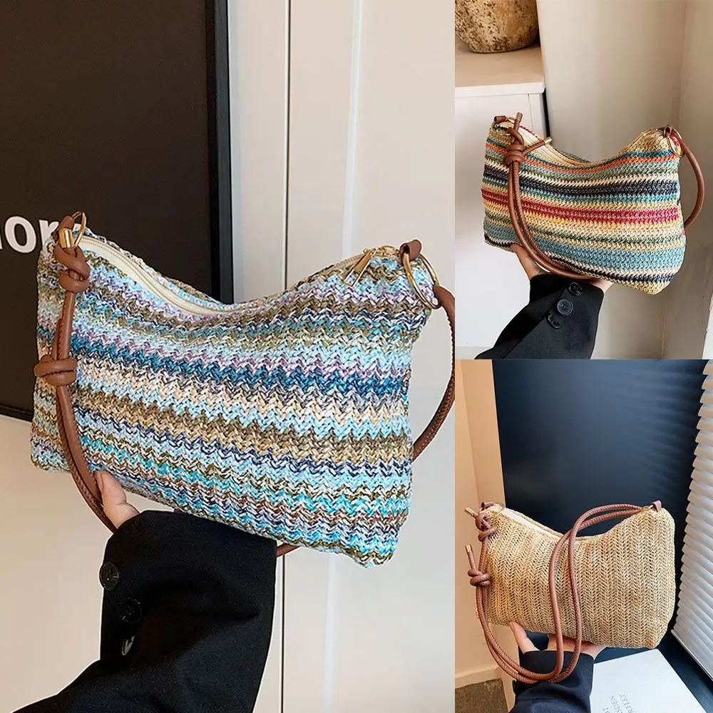 Bolso de Hombro Ligero de Paja, Gran Capacidad, Cierre de Cremallera, Bolso de Rafia, Bolso Bandolera de Crochet con Rayas
