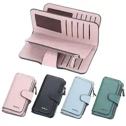 Large Capacity Women's Long Leather Wallet Zipper Buckle Multi-Card Triple Fold Coin Purse Clutch Bag Card Holder