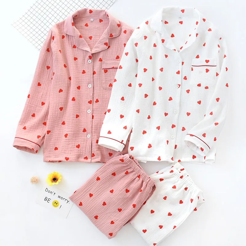 

Spring New Ladies Pajamas Set Heart Printed Crepe Cotton Double-layer Gauze Turn-down Collar Long-sleeve Trousers Household Wear