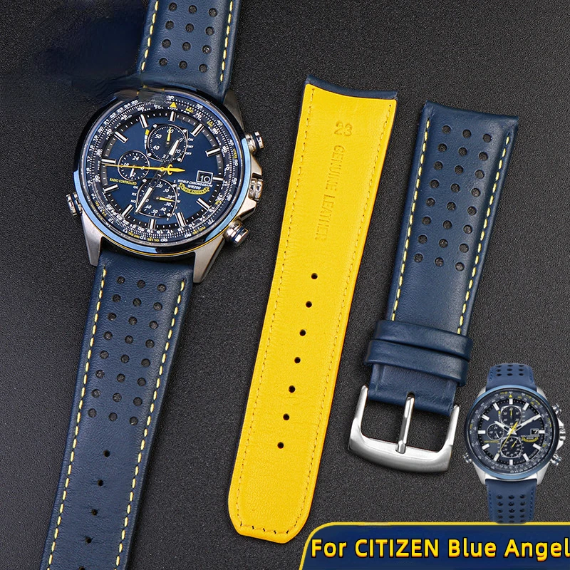 Genuine Leather Watch Strap For Citizen Blue Angel AT8020-54L/AT8020-03L JY8078 curved end Cowhide Men soft watchband 22mm 23mm