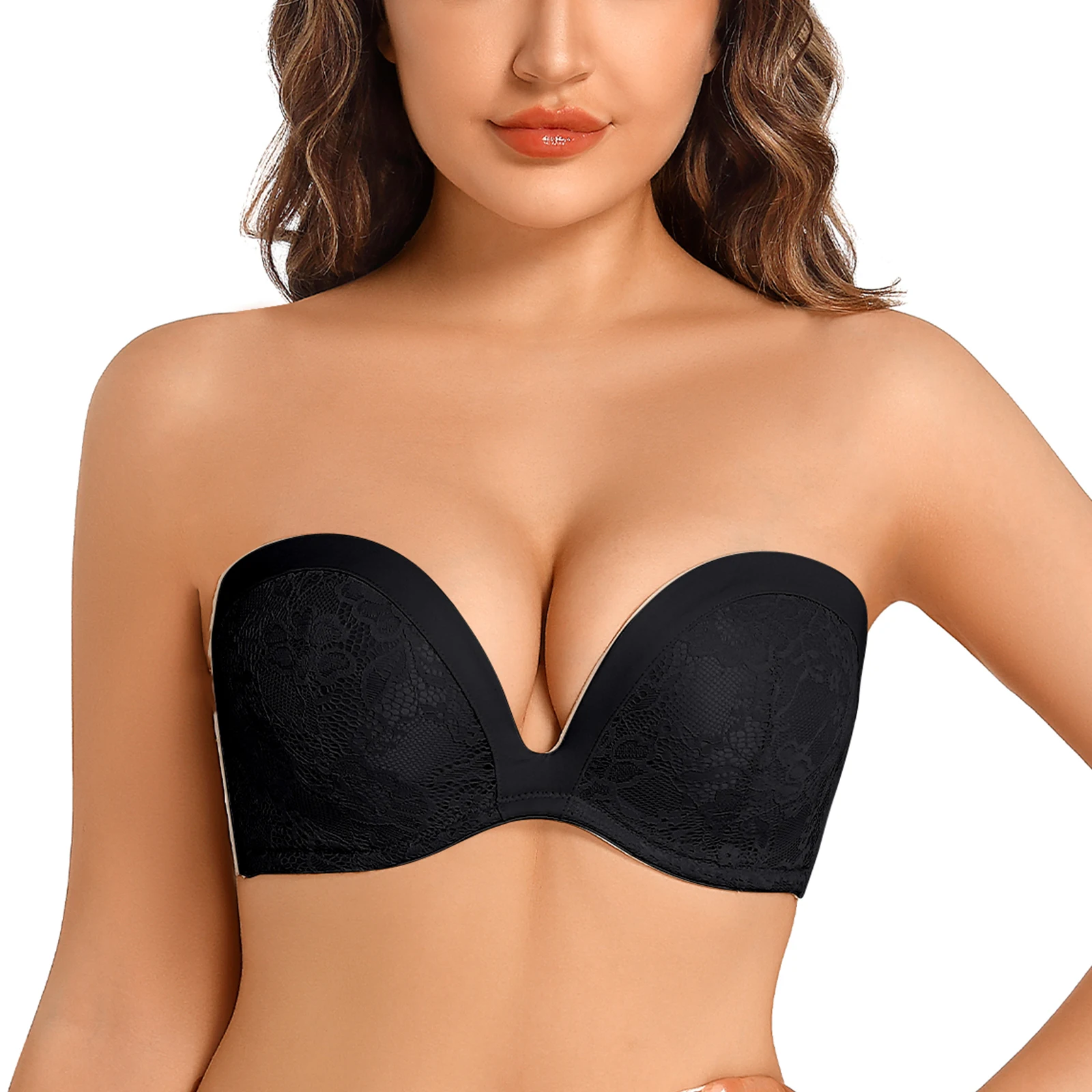 

New Plunge Deep V Sexy Bras Lace Bralette Strapless Bras For Women Everyday Thick Padded Plunge Underwire Push Up Bra 1/2 Cups