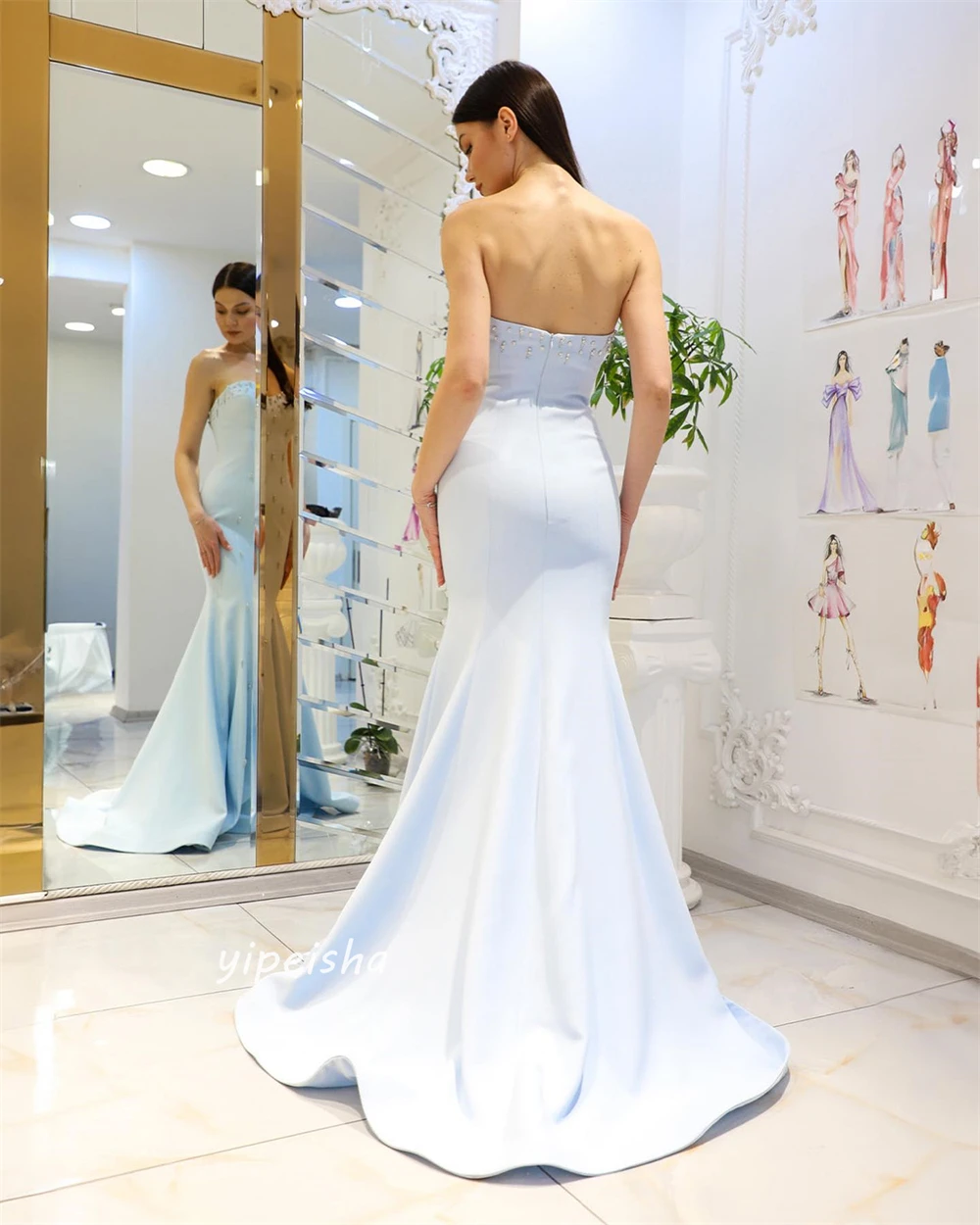 Prom Dress Saudi Arabia Simple Modern Style Formal Evening Strapless Trumpet / Mermaid Beading Satin Evening Dresses