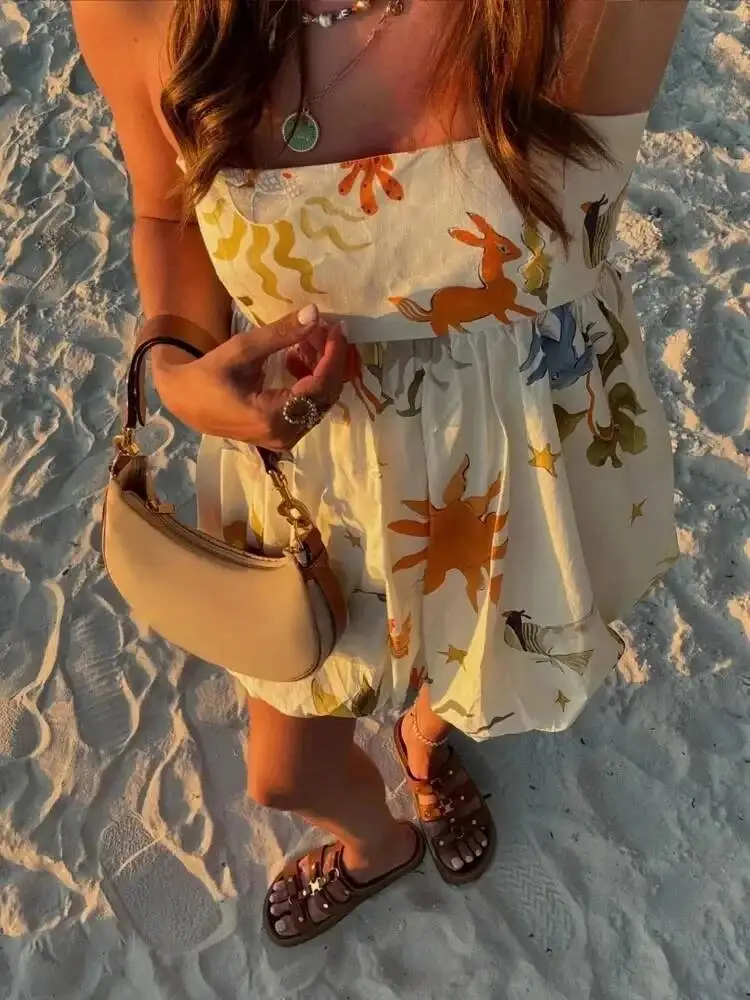 프린트 슬립 미니 드레스 여성 민소매 여름 드레스 여성 2025 루슈 선드레스 베스티도스 백리스 숏 드레스 여성용 C8FS