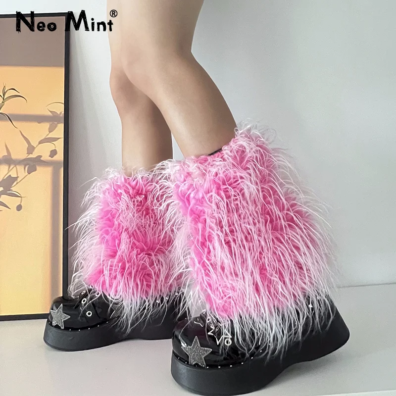 Ins 2000s Sweet Cute  Pink Lolita Girls Gradient Faux Fur Leg Warmers Women Costume Leggings Hot Y2k Goth Punk Legcovers