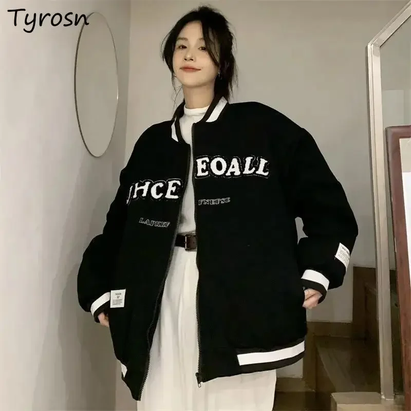 

Winter Thickening Jackets Women American Style Fashion Loose Streetwear BF Leisure Vintage Letter Zipper Fly Outwear Chic Coats