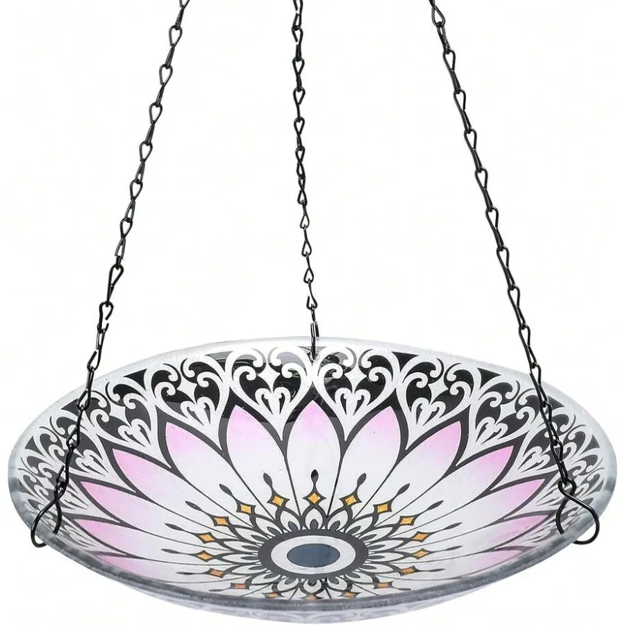 

【New Arrival】Hanging Glass Bird Bath, Pink Lotus Pattern Birdbath Bowl with Metal Chains for Outdoor Garden
