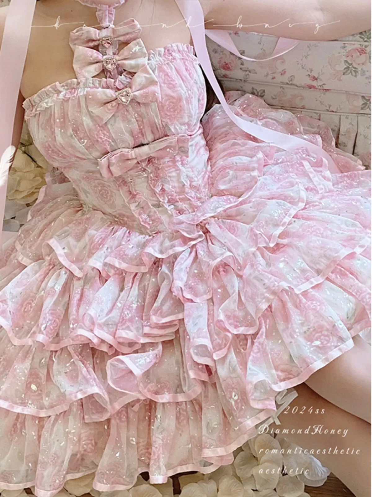 Fairy 2024 Spring and Summer Romantic Rose Flower Halter Lolita Dress Girl Women's Sweet Bow Strapless Short Party Dresses