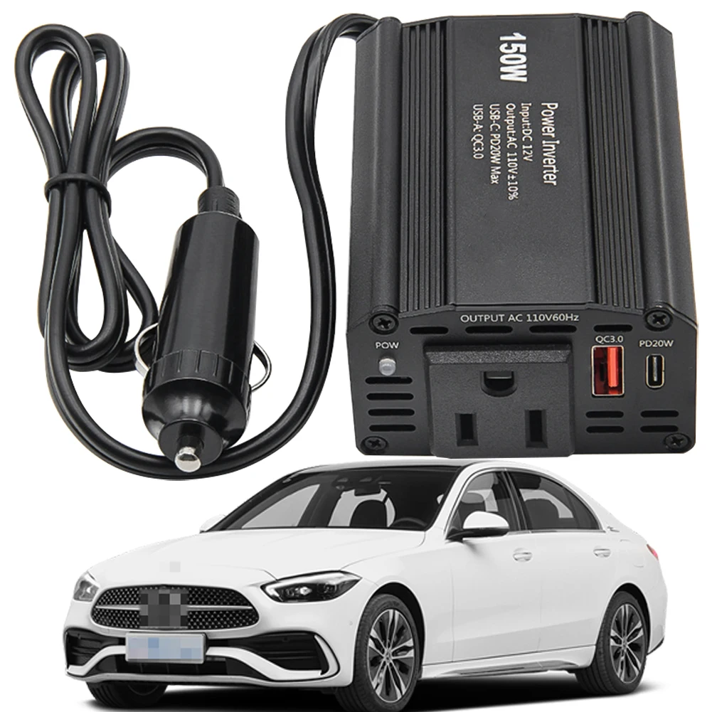 150W Car Power Inverter DC 12V To AC 110V 220V Car Cigarette Lighter Plug Voltage Converter QC3.0&PD20W Fast Charging Port