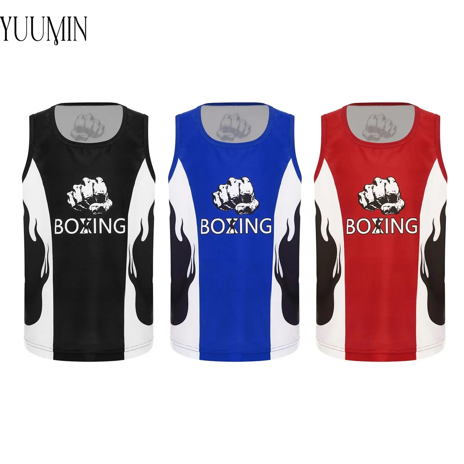

Kids Boys Boxing Training Vest Fight Kickboxing Costume Sleeveless Stylish Printed Color Block Tank Top MMA Clothes Sportswear