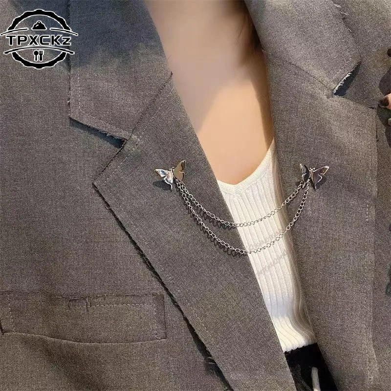 Punk Butterfly Chain Tassel Brooches Lapel Pin For Women Men Hip Hop Metal Suit Clip Cool Clothing Korean Accessories