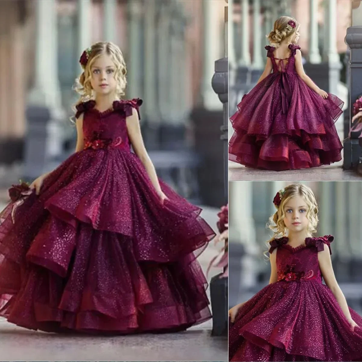 

Ruffles Flower Girl Dress For Wedding With Bow Floor Length Princess Girl Kids Birthday Ball Gowns First Holy Communion Gown