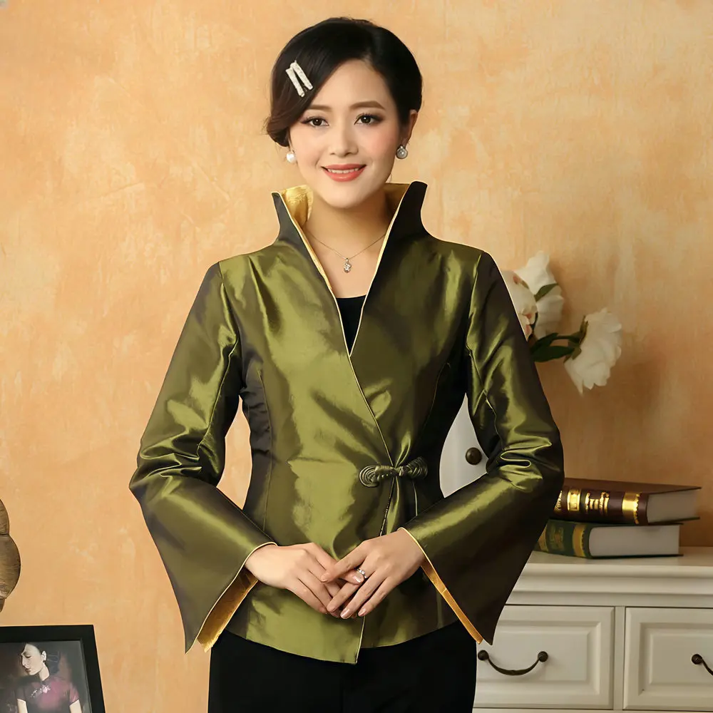 Quiet Luxury Women Satin Coats Single Knot Button Diagonal Placket Design Jackets Green Red Black Trumpet Sleeves Classy Attire