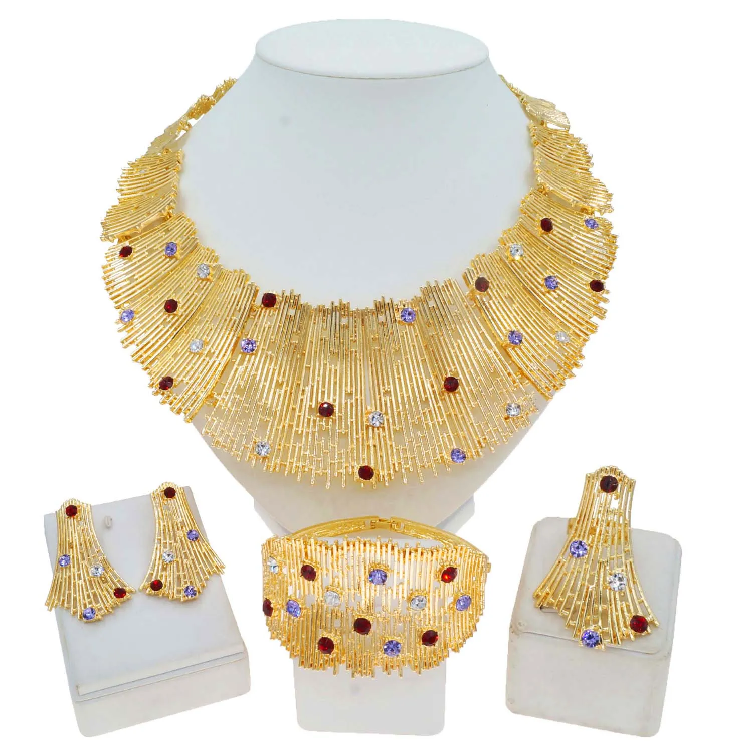 Italian Gold Color Women Jewelry Set Luxury Wedding Party Necklace Earrings Hollow Bracelet Dubai Women Gift