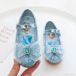 Disney Cartoon Elsa Soft Bottom Baby Shoes Girl Princess Shoes Frozen Crystal Shoes Children Flat Flower Girl Leather Shoes