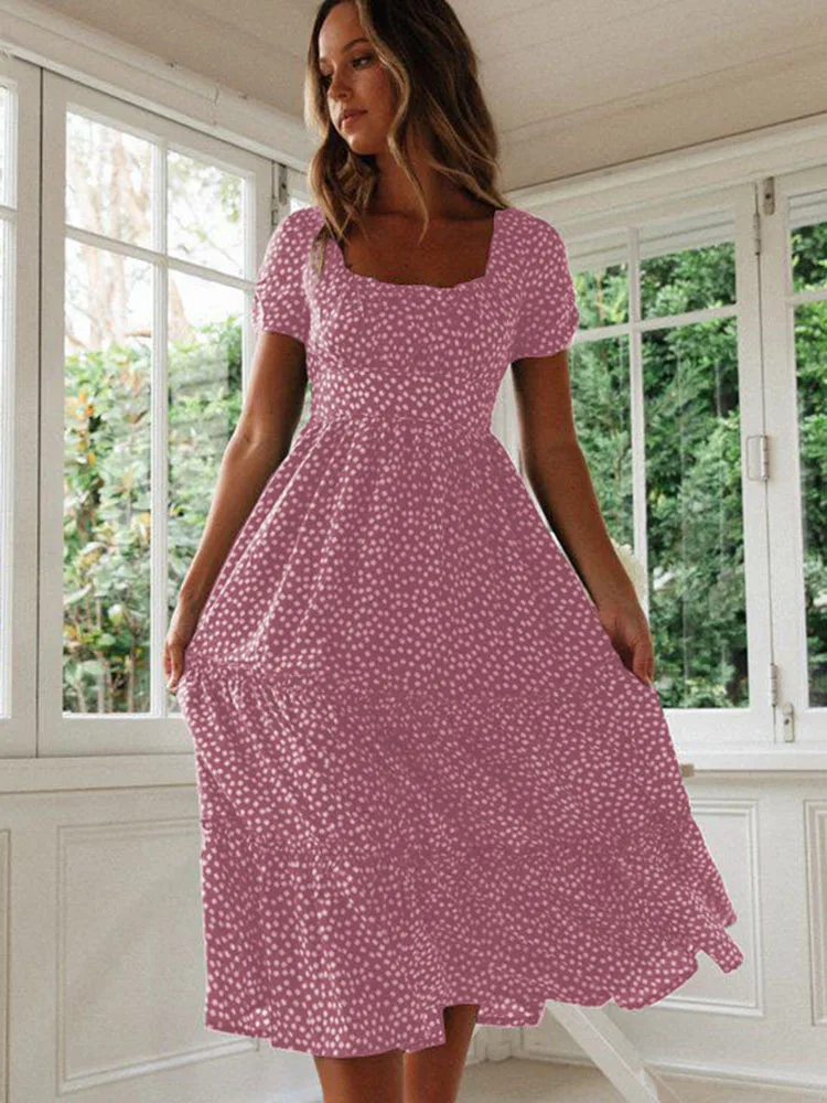 Sexy Square Collar Floral Print Midi Dress 2024 Women\'s Summer Puff Short Sleeve Ruffles Casual Party Dresses For Women Robe