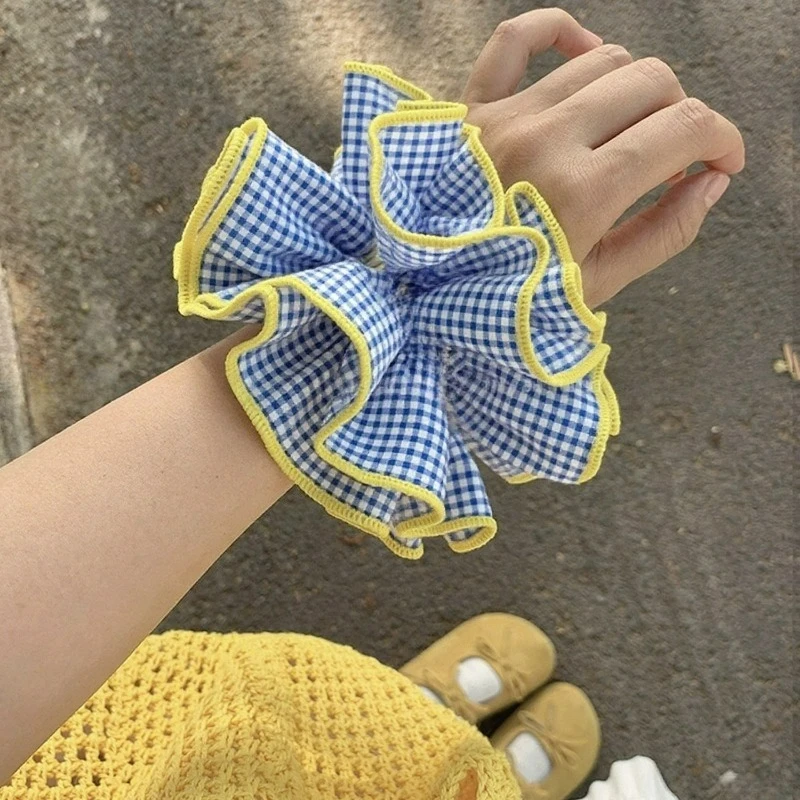 

Большие красочные решетчатые резинки для волос с оборками, женская элегантная повязка для волос, тканевая повязка для волос, держатель для хвоста, аксессуар для повседневной жизни