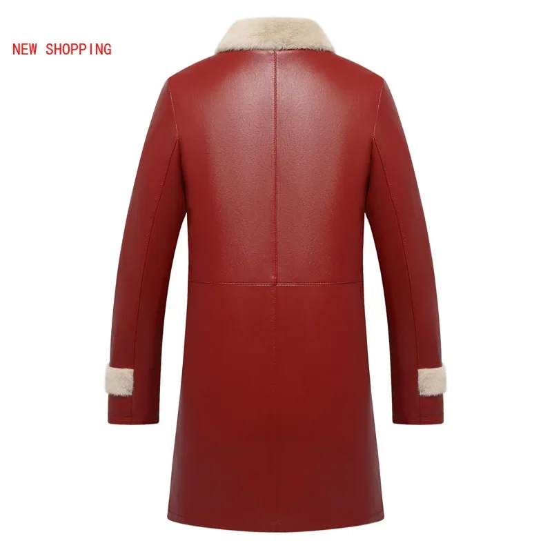 Winter Coats Long Leather Jackets Women Fur Collar PU Leather Parkas Womans Plus Velvet Motorcycle Jacket 5XL Red Xmas Outerwear